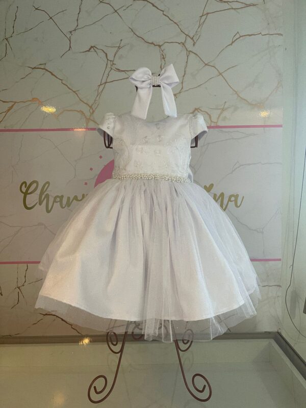 Vestido Batizado Branco com Renda e Tule